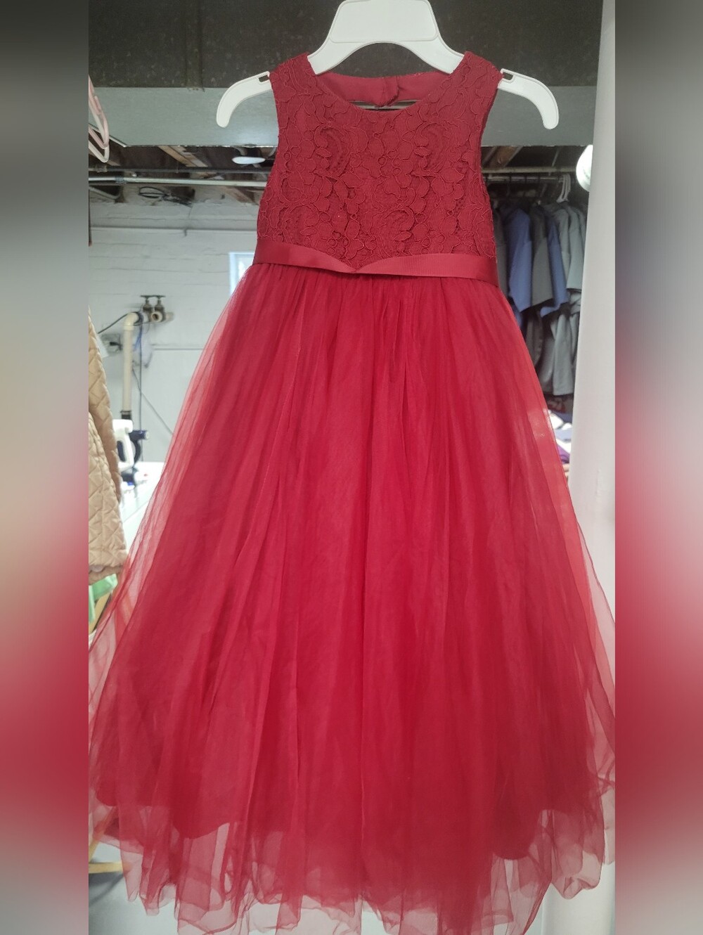 David's Bridal Red Ball Gown Flower Girl Dress with Heart Cutout - Picture 1 of 4